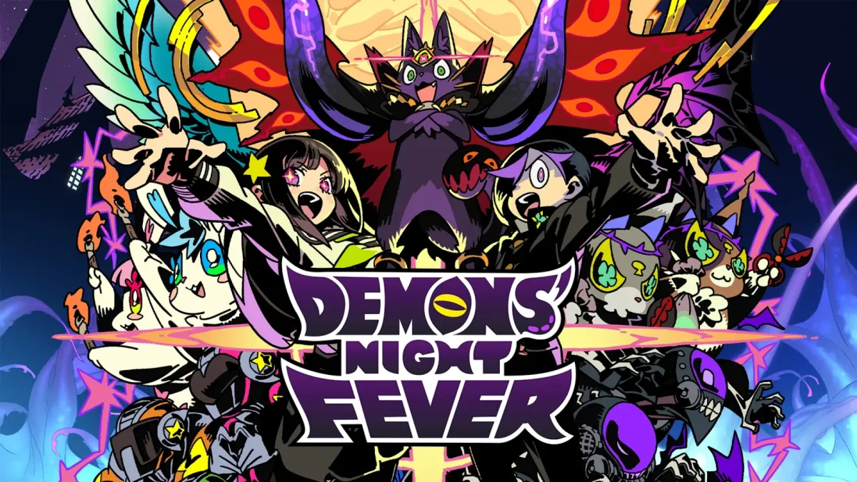Arte promocional del videojuego Demons' Night Fever con sus personajes principales y el logo del título.