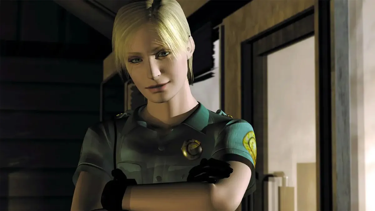 Cybil Bennett, la oficial de policía de Silent Hill, con su uniforme característico en un plano medio.