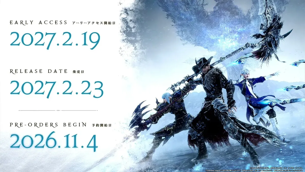 Arte promocional de Final Fantasy XIV: Evercold con tres personajes y las fechas de lanzamiento y pre-pedidos.