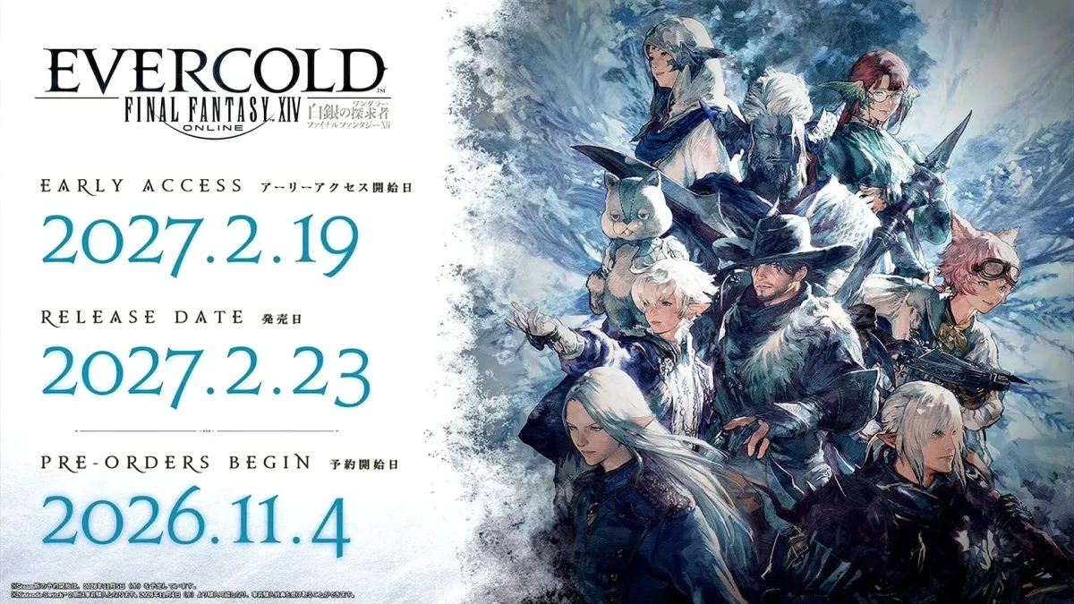 Arte promocional de Final Fantasy XIV: Evercold con fechas de lanzamiento y pre-pedidos.