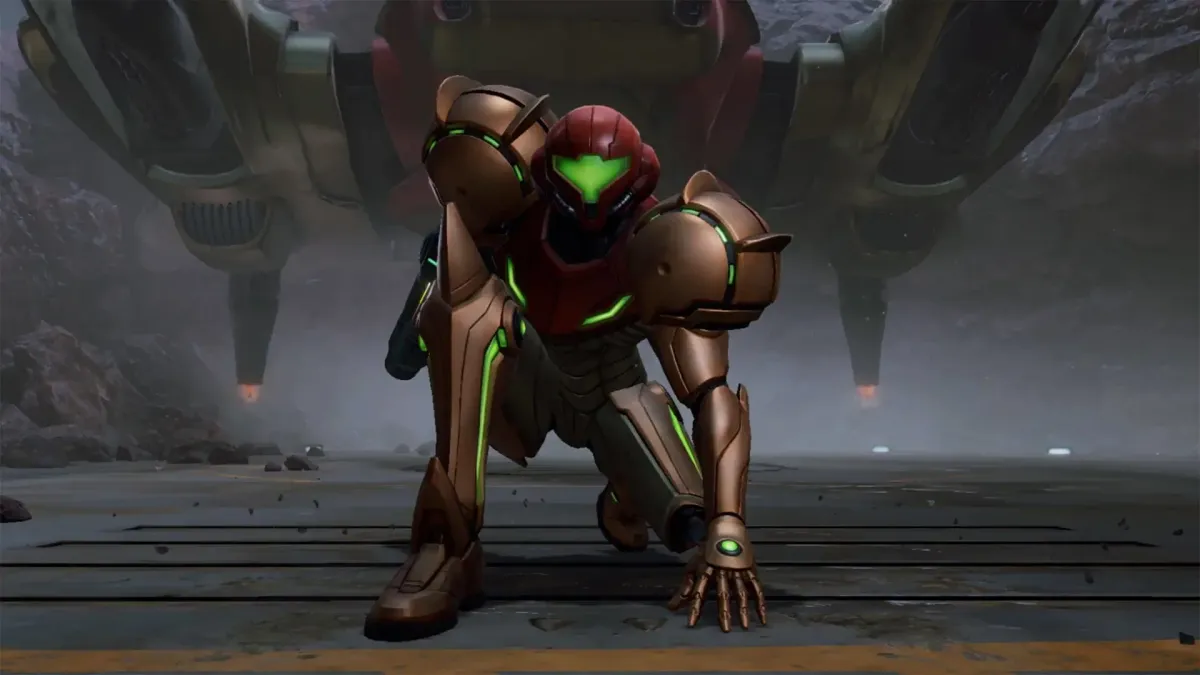 Samus Aran arrodillada en una pose icónica frente a su nave en Metroid Prime 4: Beyond.