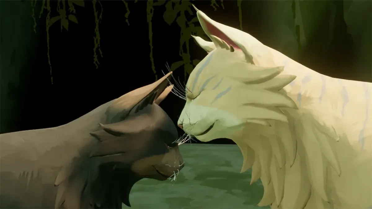 Dos gatos de pelaje oscuro y claro frente a frente en una escena del videojuego Warrior Cats: Clans of the Forest.