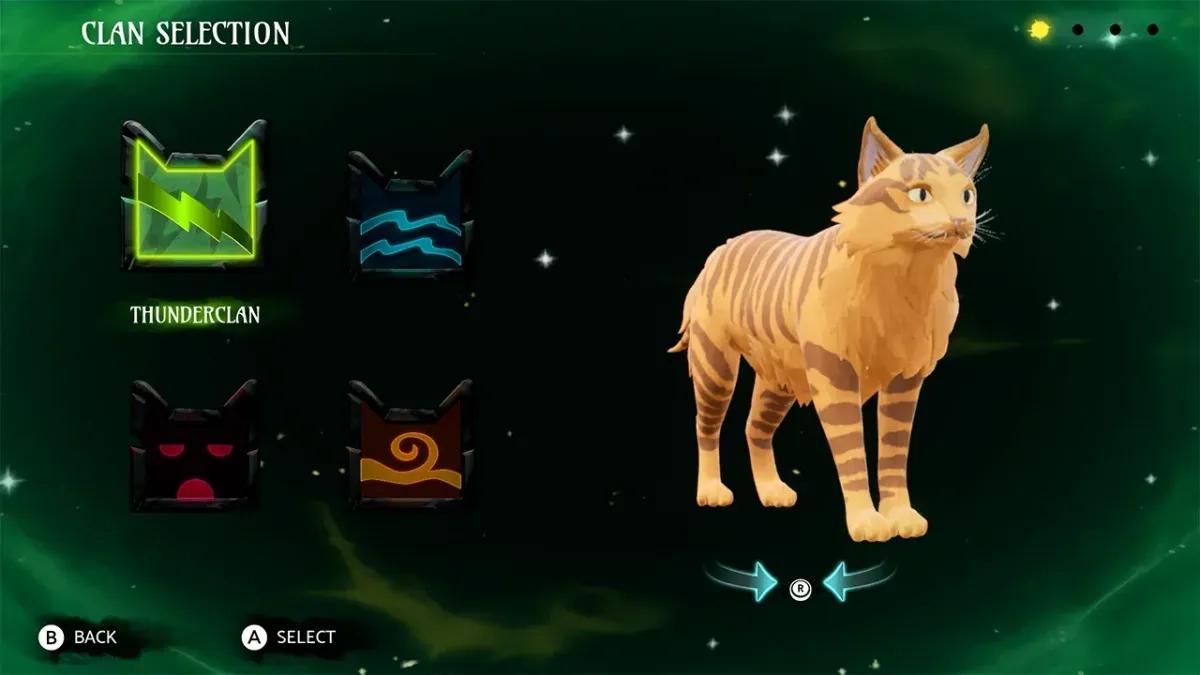 Menú de selección de clan en el videojuego Warrior Cats: Clans of the Forest, mostrando un gato atigrado.