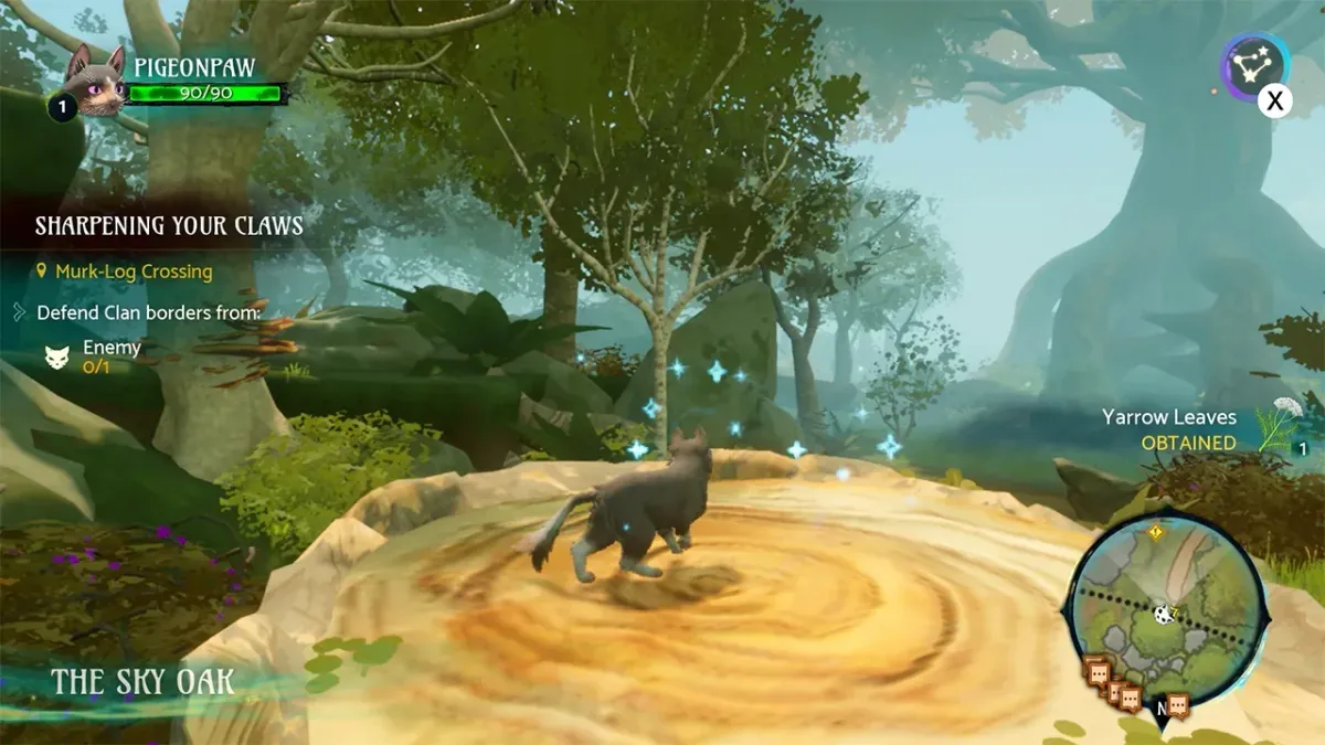 Captura de pantalla de Warrior Cats: Clans of the Forest mostrando al personaje Pigeonpaw en The Sky Oak.
