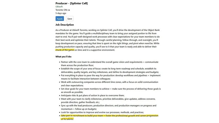Job opening for Splinter Cell producer at Ubisoft