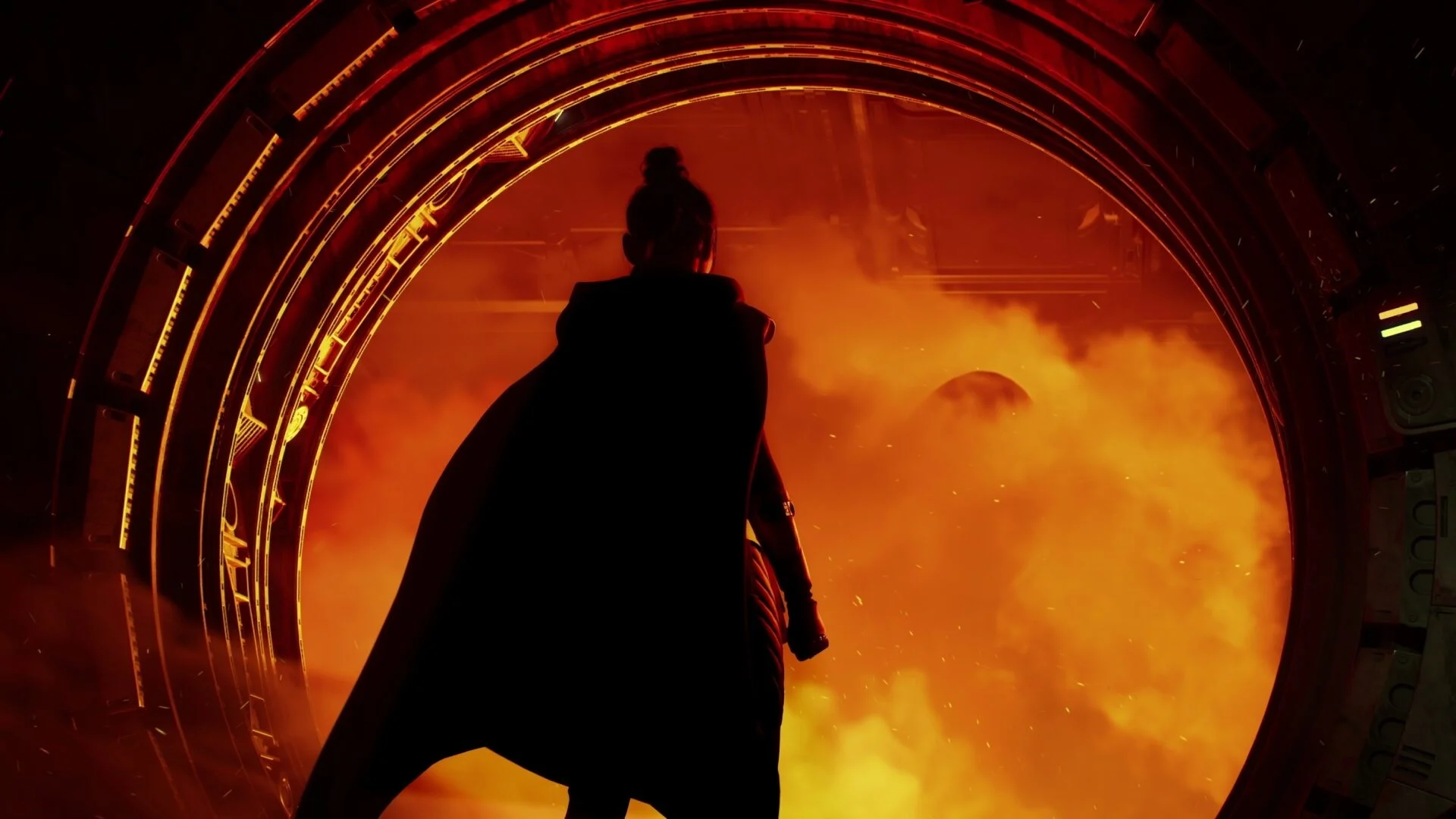 A Jedi leaves a space ship.