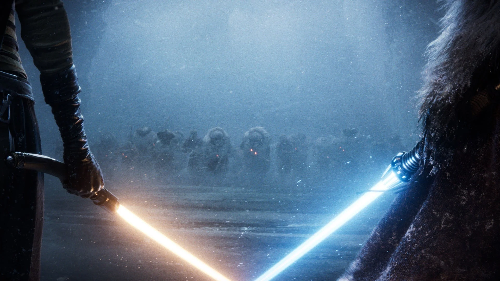 Light sabers appear in a dark area.