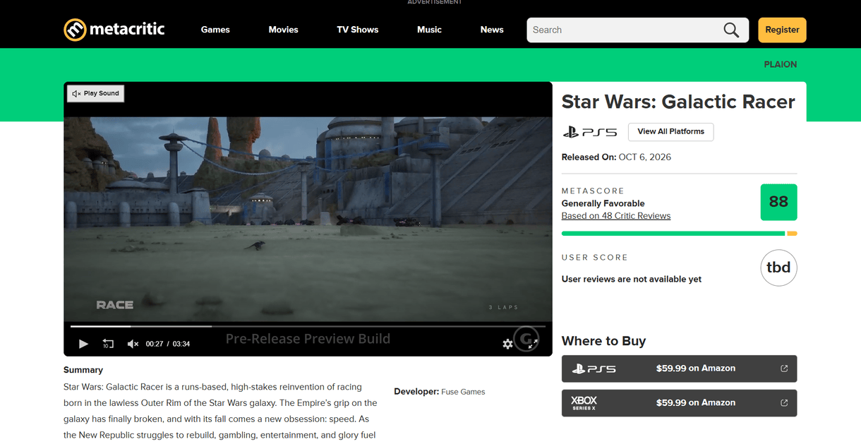 Star Wars: Galactic Racer cae de pie en Metacritic
