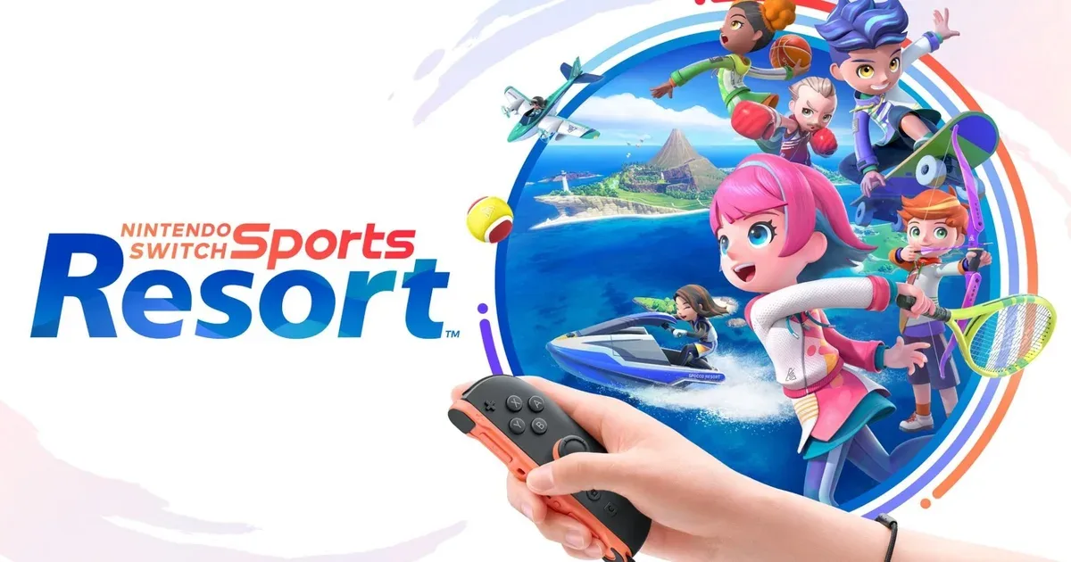 Arte promocional de Nintendo Switch Sports Resort con personajes jugando y un Joy-Con en primer plano.