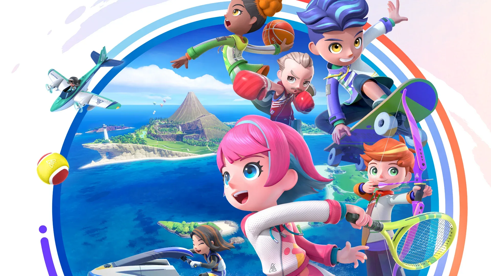 Arte promocional de Nintendo Switch Sports mostrando a varios personajes practicando deportes en una isla tropical.