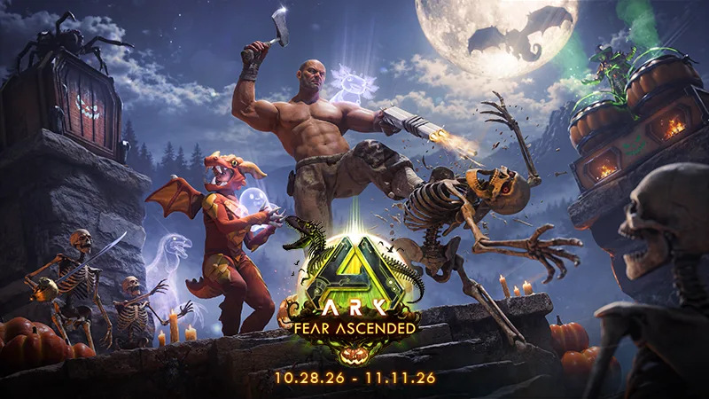 Arte promocional del evento Fear Ascended en ARK: Survival Ascended con personajes, esqueletos y calabazas.