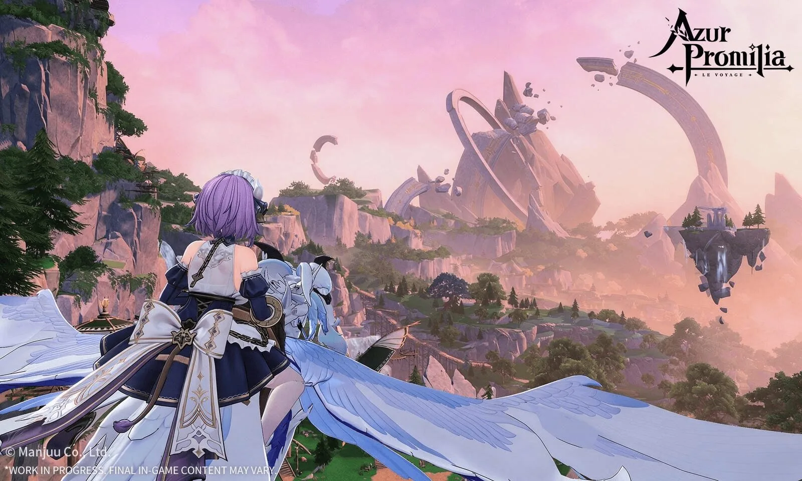 Personaje femenino con alas sobrevolando un paisaje fantástico en el videojuego Azur Promilia.