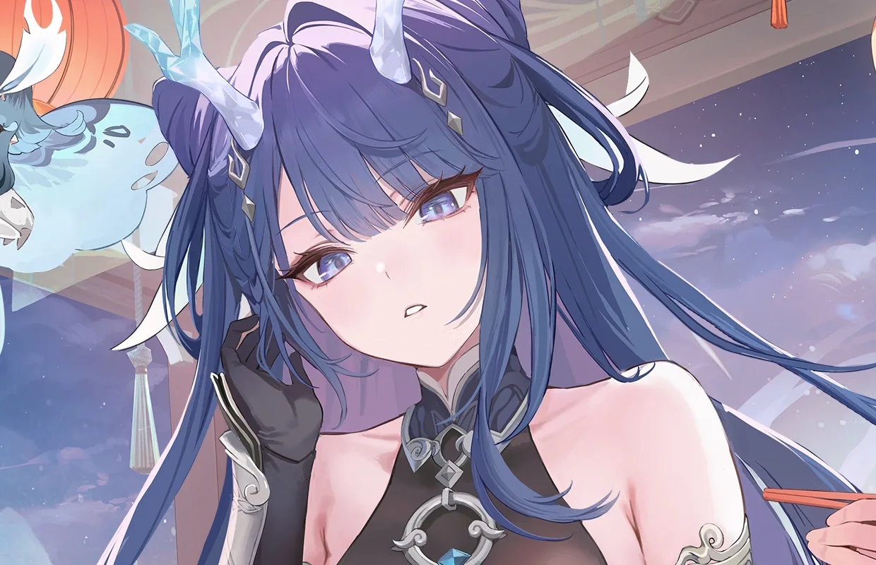 Primer plano de una joven de pelo azul con cuernos de cristal, personaje del videojuego Azur Promilia.