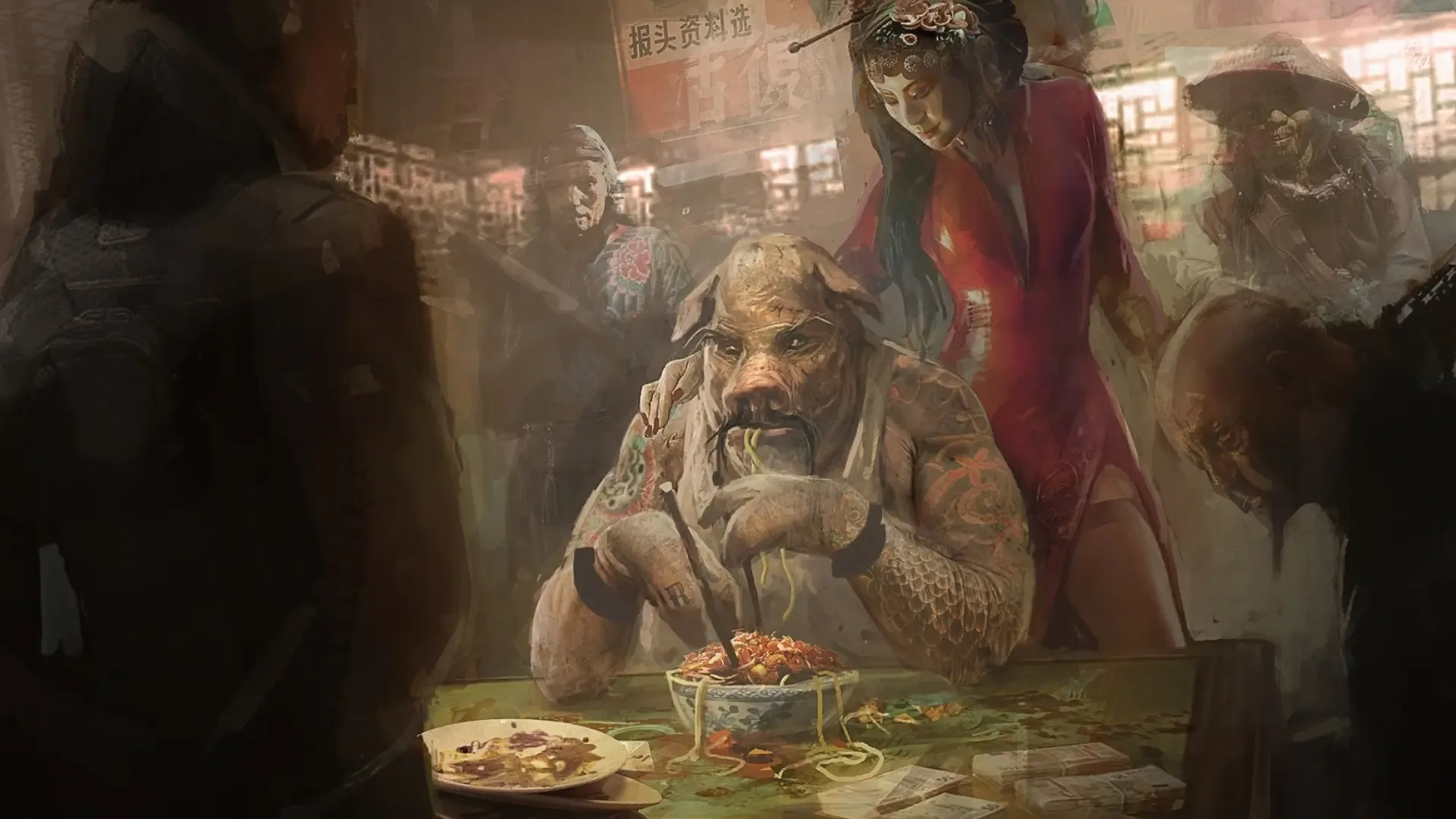 Arte conceptual de Beyond Good & Evil 2 mostrando a un personaje antropomórfico con cabeza de cerdo comiendo fideos.