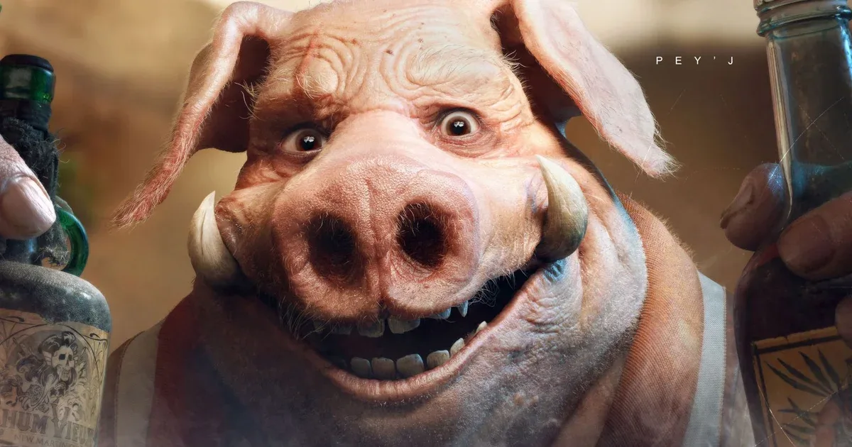 Primer plano de Pey'j, el personaje antropomórfico de Beyond Good & Evil, sosteniendo botellas de ron.