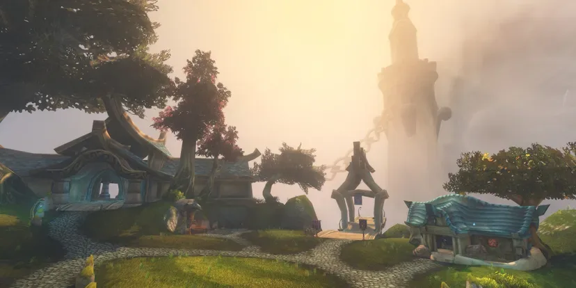 Paisaje de World of Warcraft con edificios de estilo élfico y una torre lejana entre la niebla.