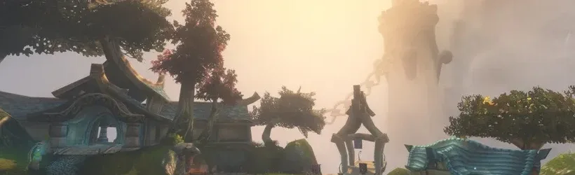 Paisaje de World of Warcraft con arquitectura de estilo elfo y una torre lejana envuelta en niebla.