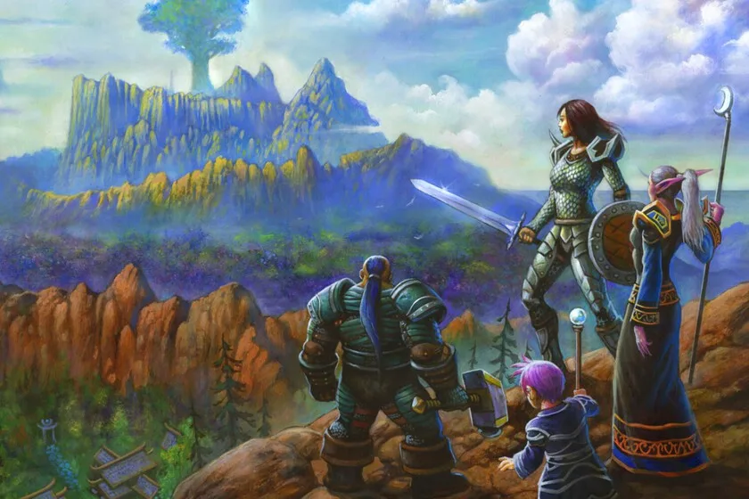 Arte promocional de World of Warcraft mostrando a un grupo de aventureros observando un paisaje montañoso.