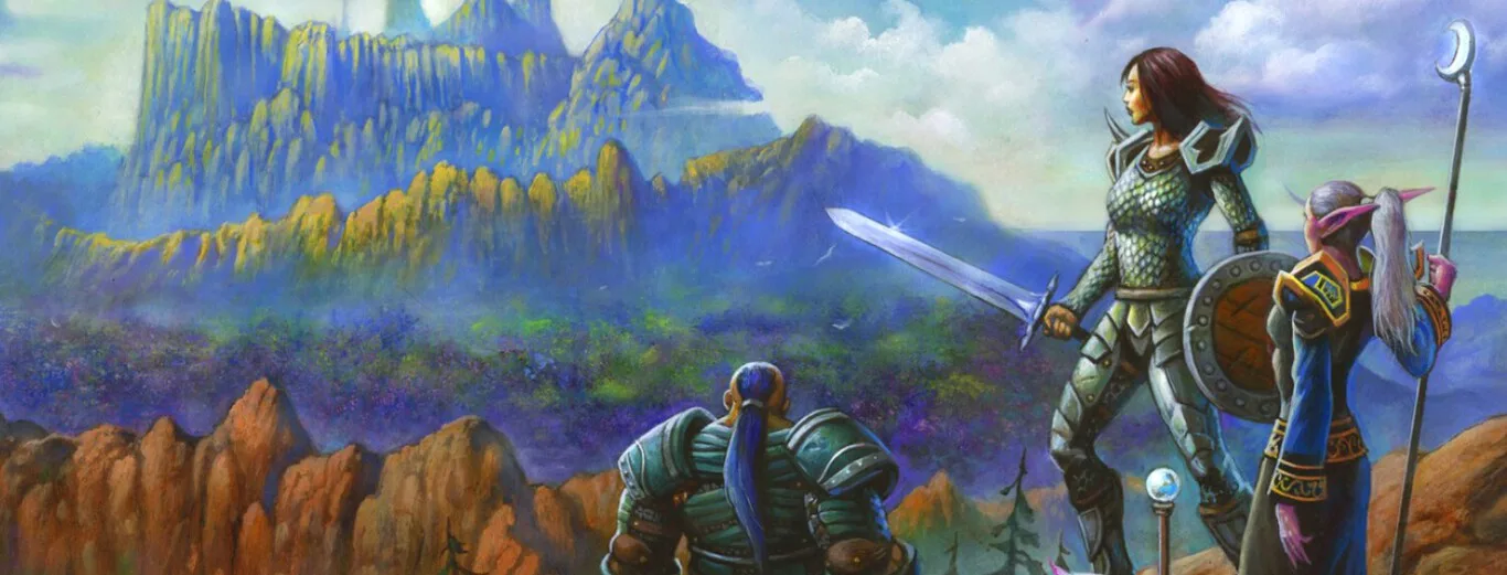 Arte promocional de World of Warcraft con tres personajes observando un paisaje montañoso.