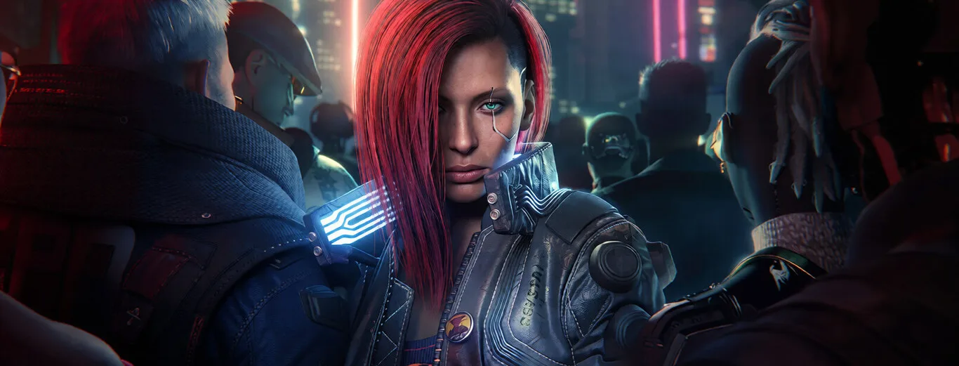 Primer plano de V, protagonista de Cyberpunk 2077, rodeada por una multitud en un entorno urbano futurista.
