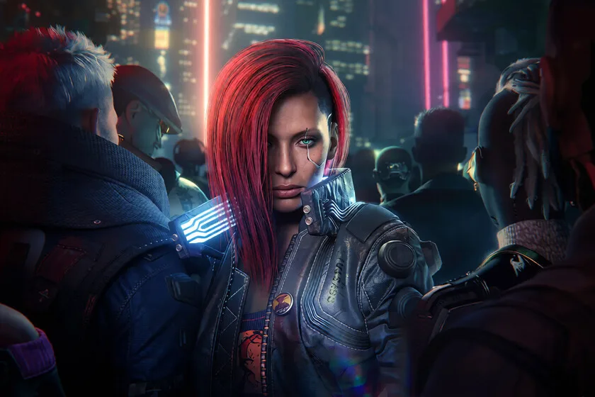 Arte promocional de Cyberpunk 2077 con la protagonista V rodeada de gente en un entorno urbano futurista.