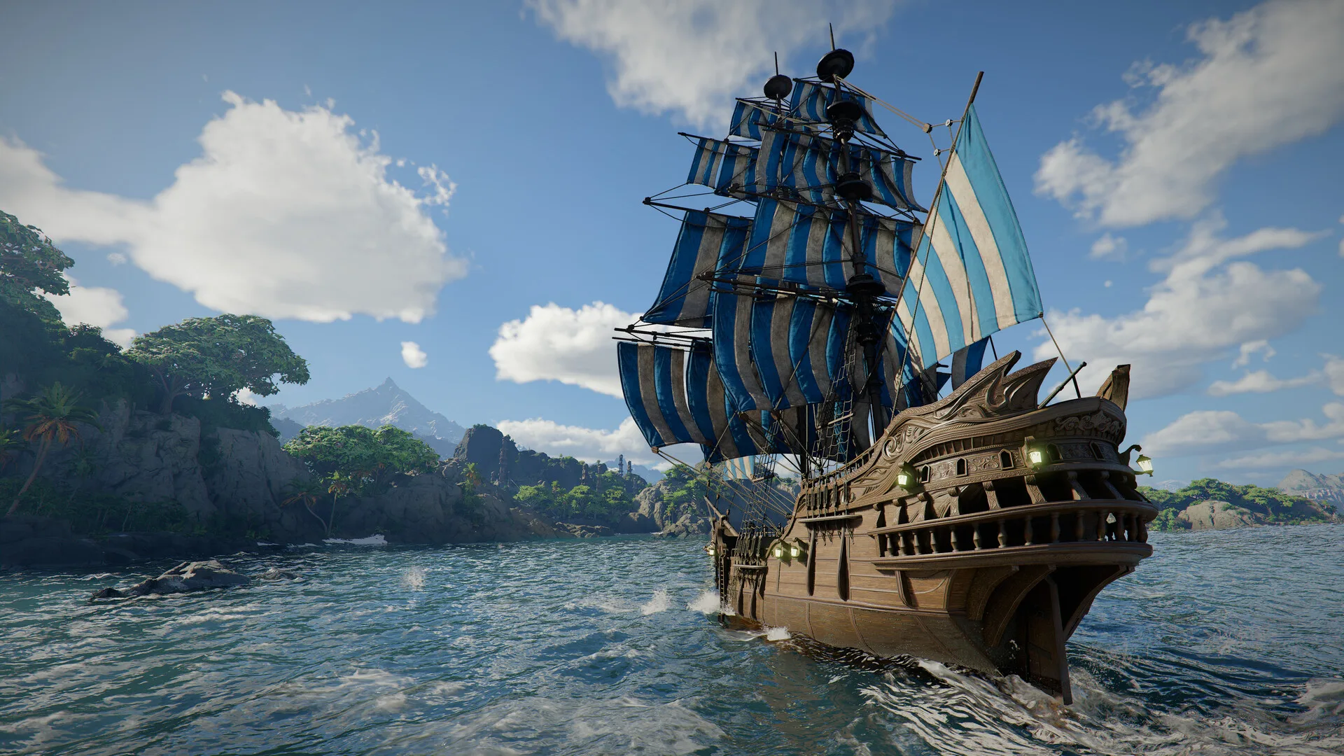 Un barco de vela con franjas azules y blancas navegando cerca de una costa tropical en Crimson Desert.
