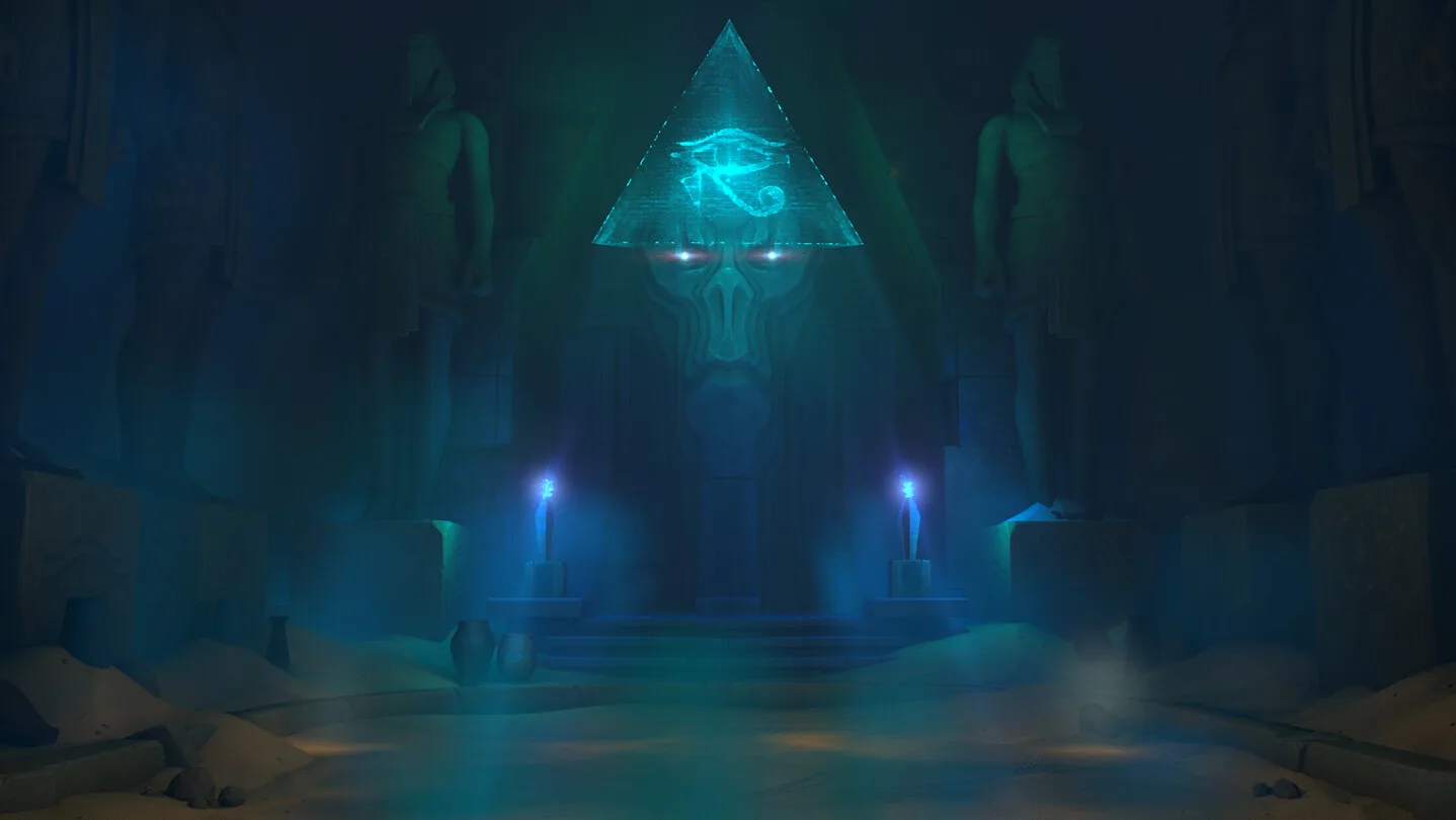 Escenario oscuro de estilo egipcio con una pirámide flotante iluminada y el Ojo de Horus en un templo.
