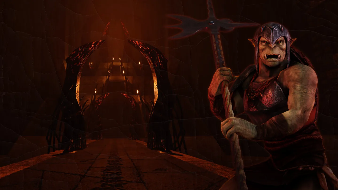 Un orco con armadura y un arma de asta en un entorno oscuro y cavernoso de Dark Messiah of Might & Magic.