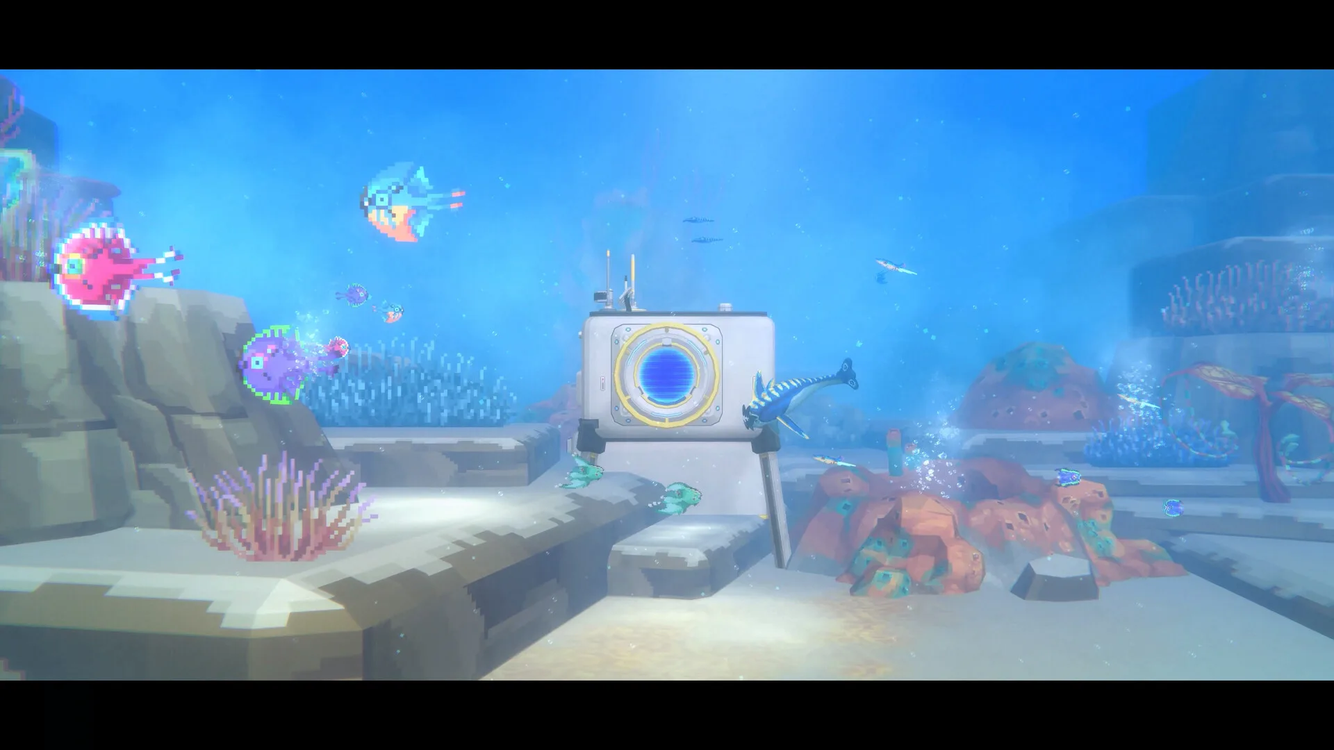 Captura de pantalla de Dave the Diver mostrando una estación de investigación submarina y varios peces pixelados.