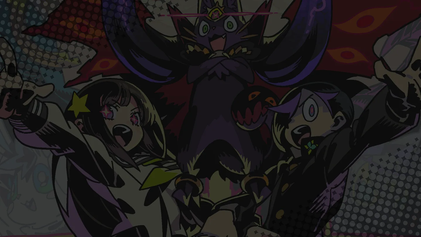 Arte promocional de Demons' Night Fever mostrando a dos personajes humanos y una criatura felina oscura.