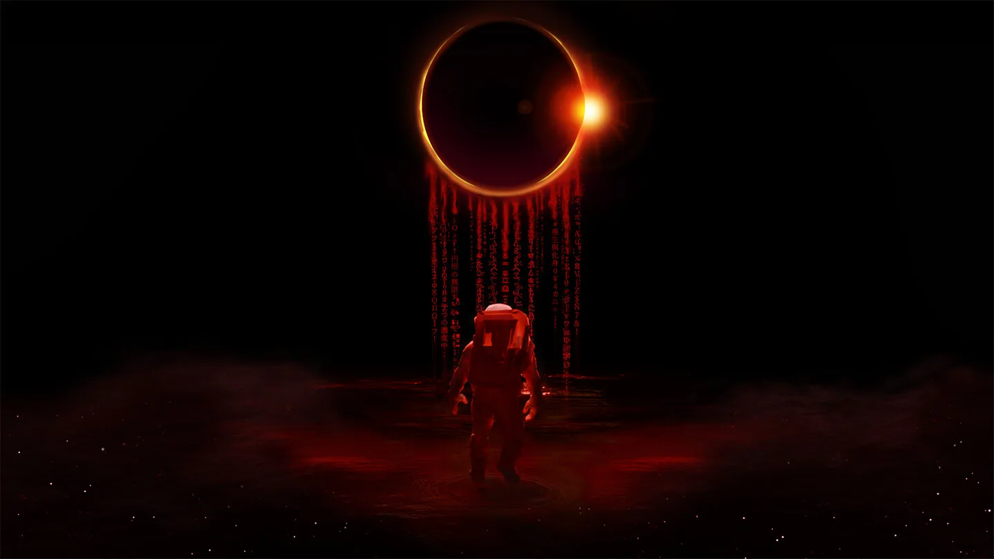 Un astronauta frente a un eclipse solar que gotea código rojo sobre un fondo oscuro, arte promocional de Divine Frequency.
