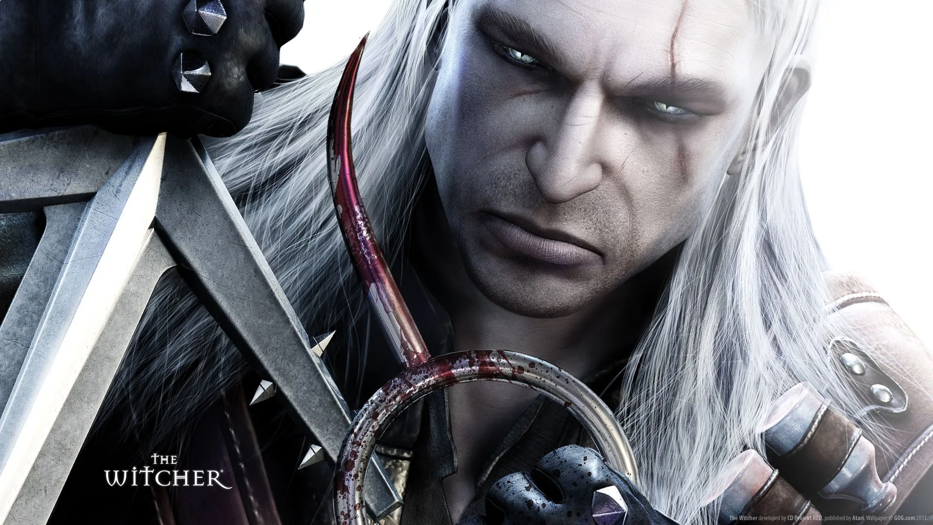 Arte promocional de Geralt de Rivia sosteniendo una espada, correspondiente al primer videojuego de The Witcher.