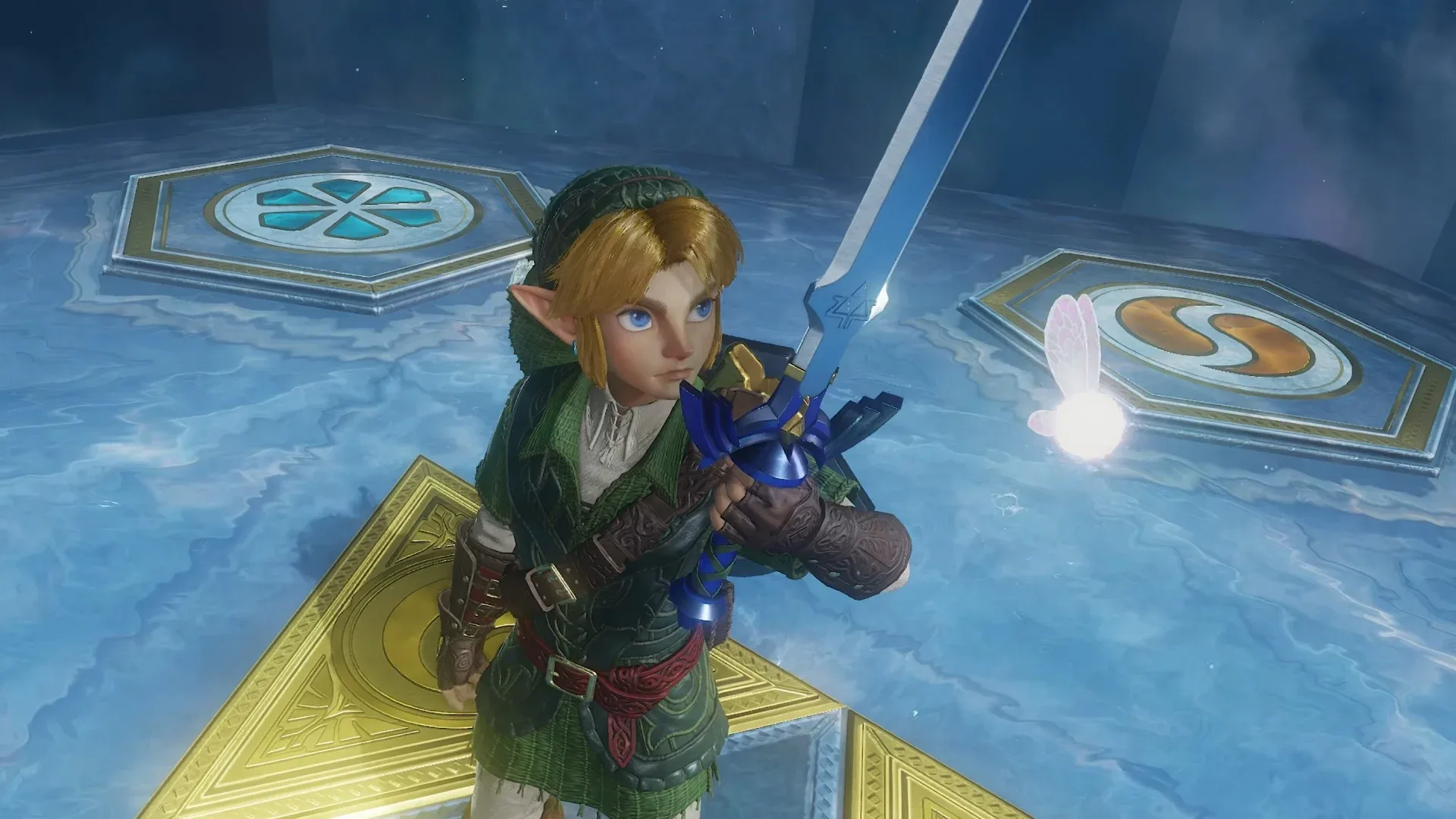 Link sosteniendo la Espada Maestra en una recreación moderna de alta calidad de The Legend of Zelda: Ocarina of Time.