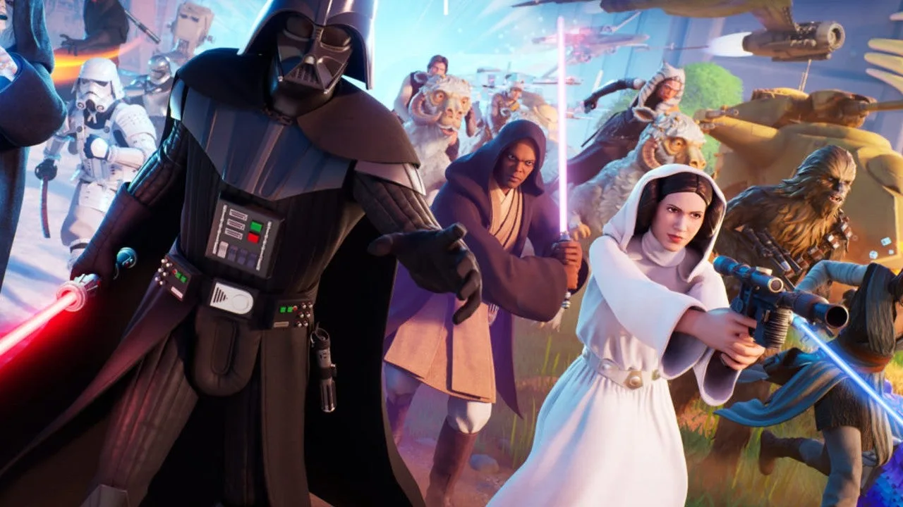 Arte promocional de Fortnite con personajes de Star Wars como Darth Vader, Mace Windu y la Princesa Leia.