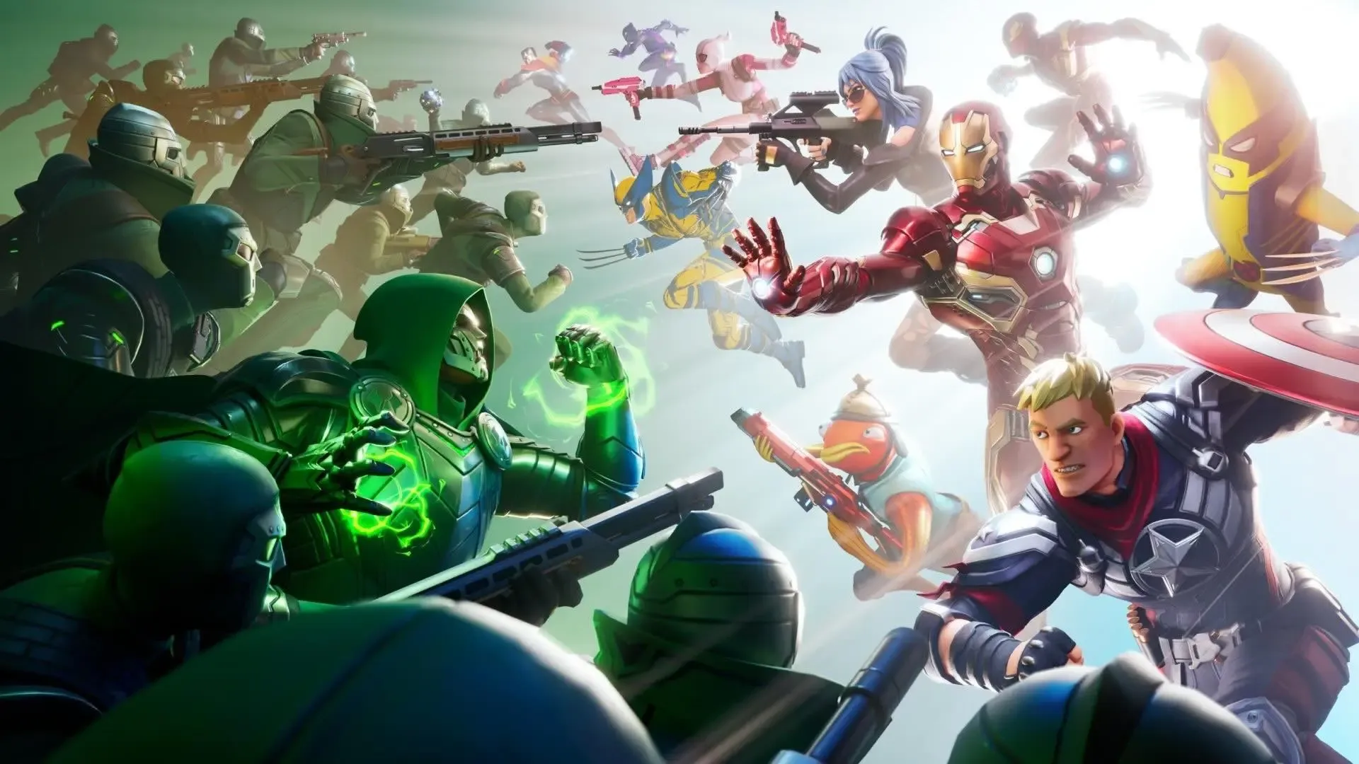 Arte promocional de Fortnite con personajes de Marvel como Iron Man, Doctor Doom y Wolverine enfrentándose.