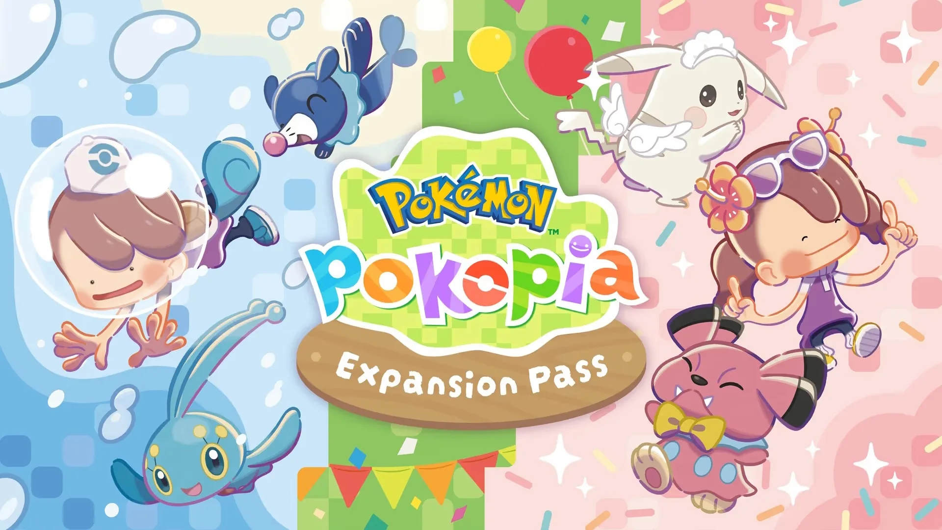 Arte promocional del Expansion Pass de Pokémon Pokopia con personajes y criaturas en un entorno colorido.