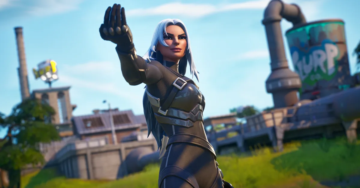 Render oficial de una skin femenina de Fortnite con el escenario de Pantano Pegajoso al fondo.
