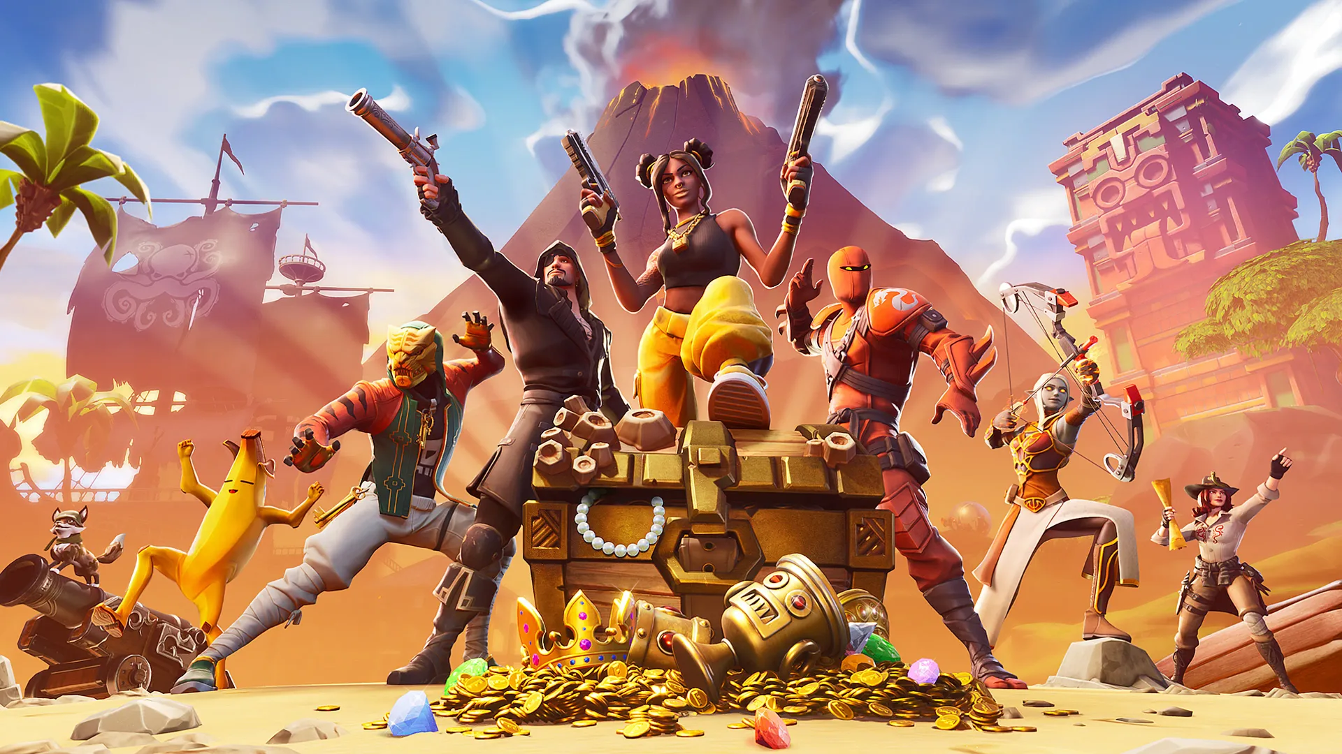 Arte promocional de Fortnite con varios personajes posando frente a un cofre del tesoro y un volcán de fondo.