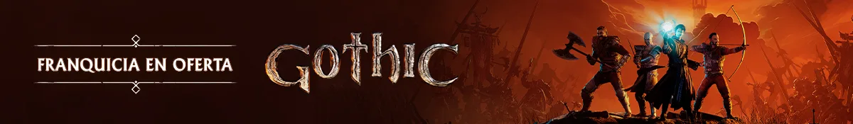 Banner promocional de la franquicia Gothic con el logo y cuatro personajes en un campo de batalla.