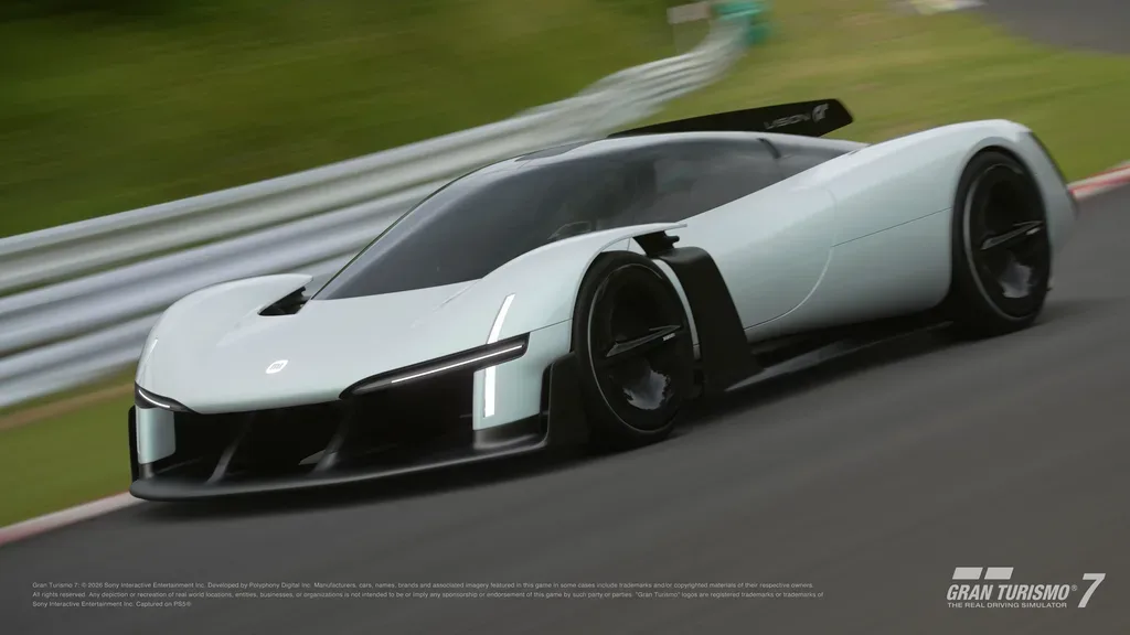 Render oficial del coche Xiaomi Vision Gran Turismo circulando por un circuito en Gran Turismo 7.