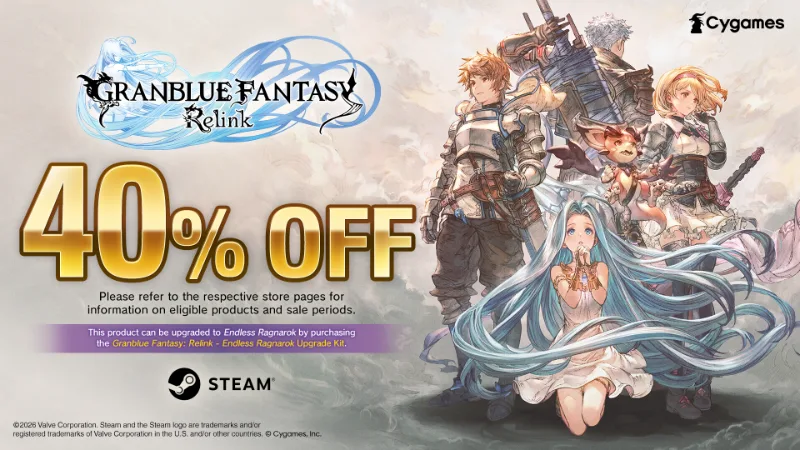 Arte promocional de Granblue Fantasy: Relink anunciando un 40% de descuento en Steam.