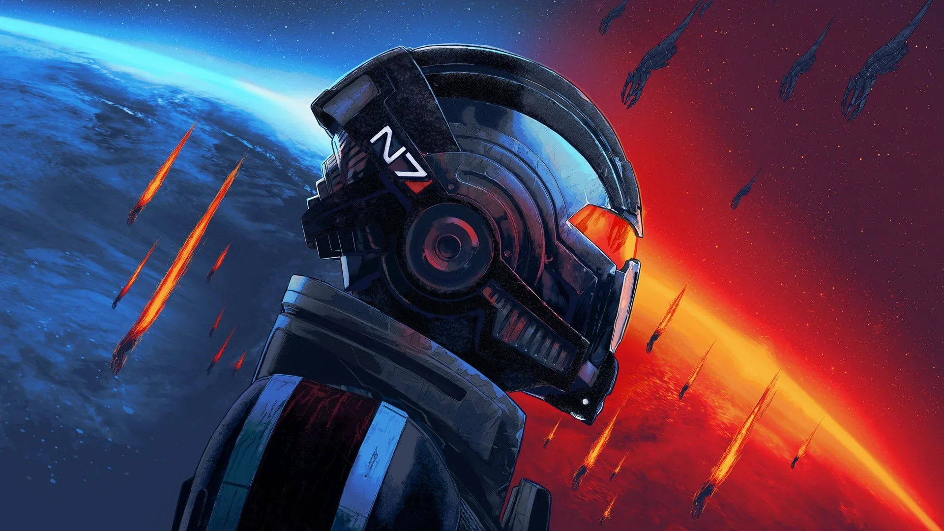 Arte promocional de Mass Effect con el casco N7 de Shepard frente a un planeta bajo ataque.