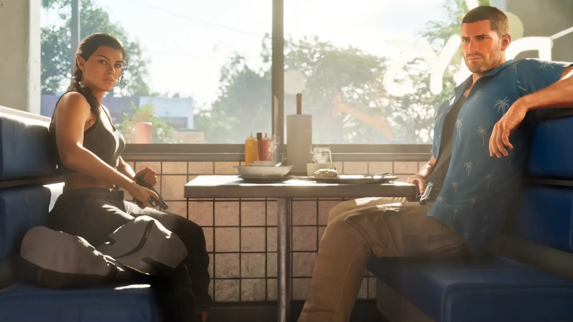 Lucia y Jason sentados en una mesa de restaurante en una escena del tráiler de GTA 6.