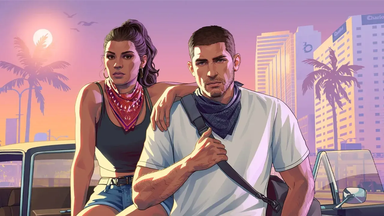 Arte promocional oficial de GTA 6 mostrando a los protagonistas Lucia y Jason en un entorno urbano al atardecer.