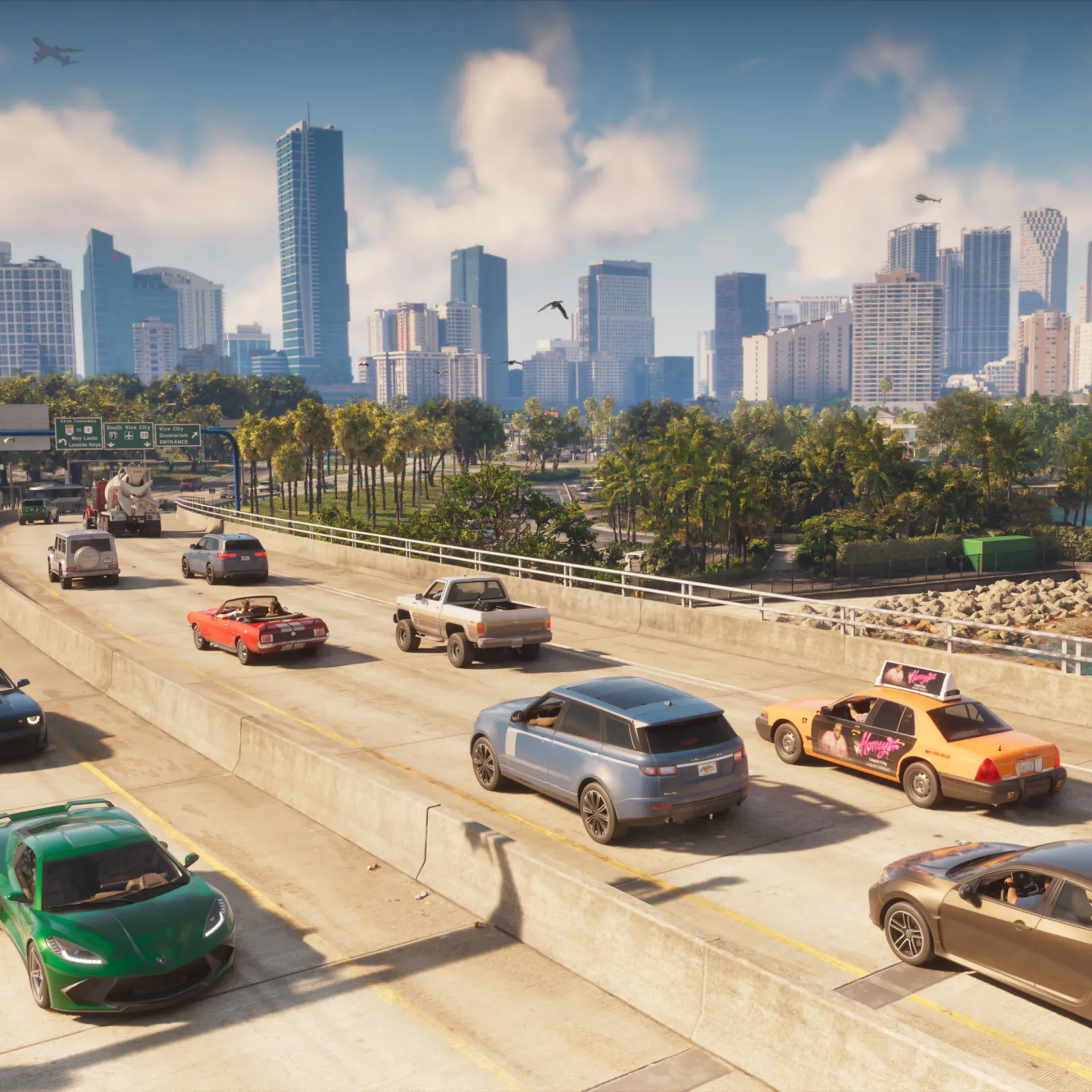Tráfico en una autopista de Vice City con edificios al fondo, capturado del tráiler de Grand Theft Auto 6.