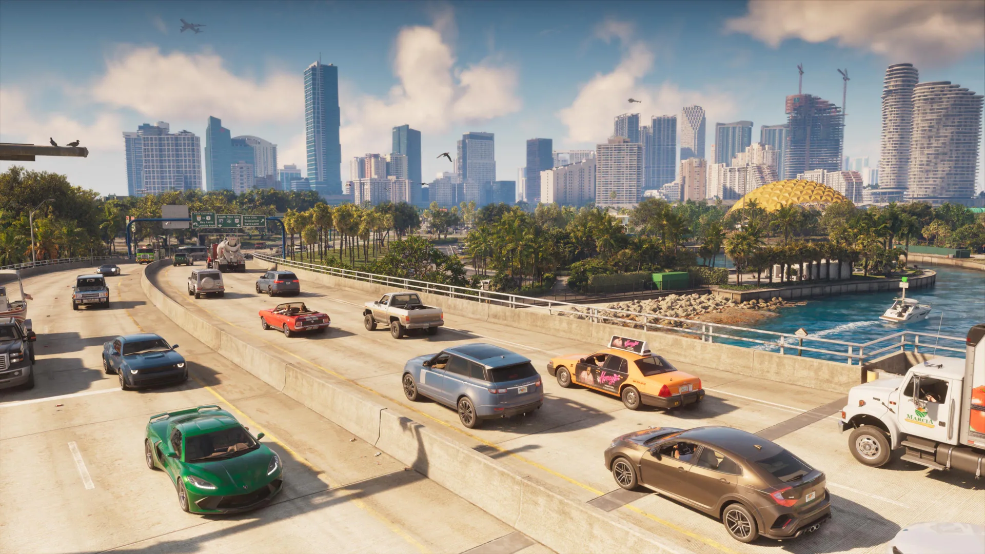 Tráfico rodado en una autopista de Vice City, escenario principal del videojuego Grand Theft Auto 6.