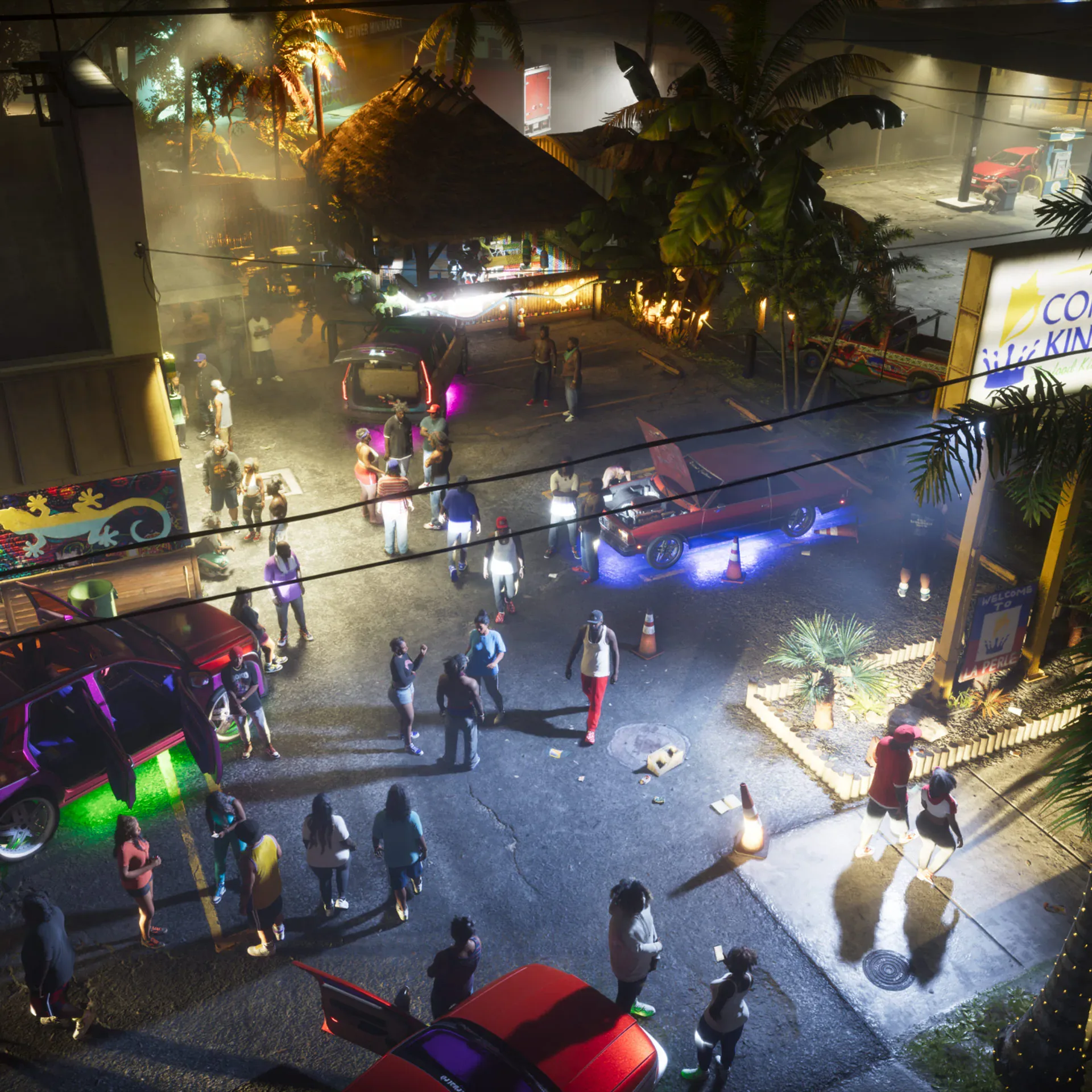 Escena nocturna de una reunión social en un aparcamiento, capturada del tráiler de Grand Theft Auto VI.