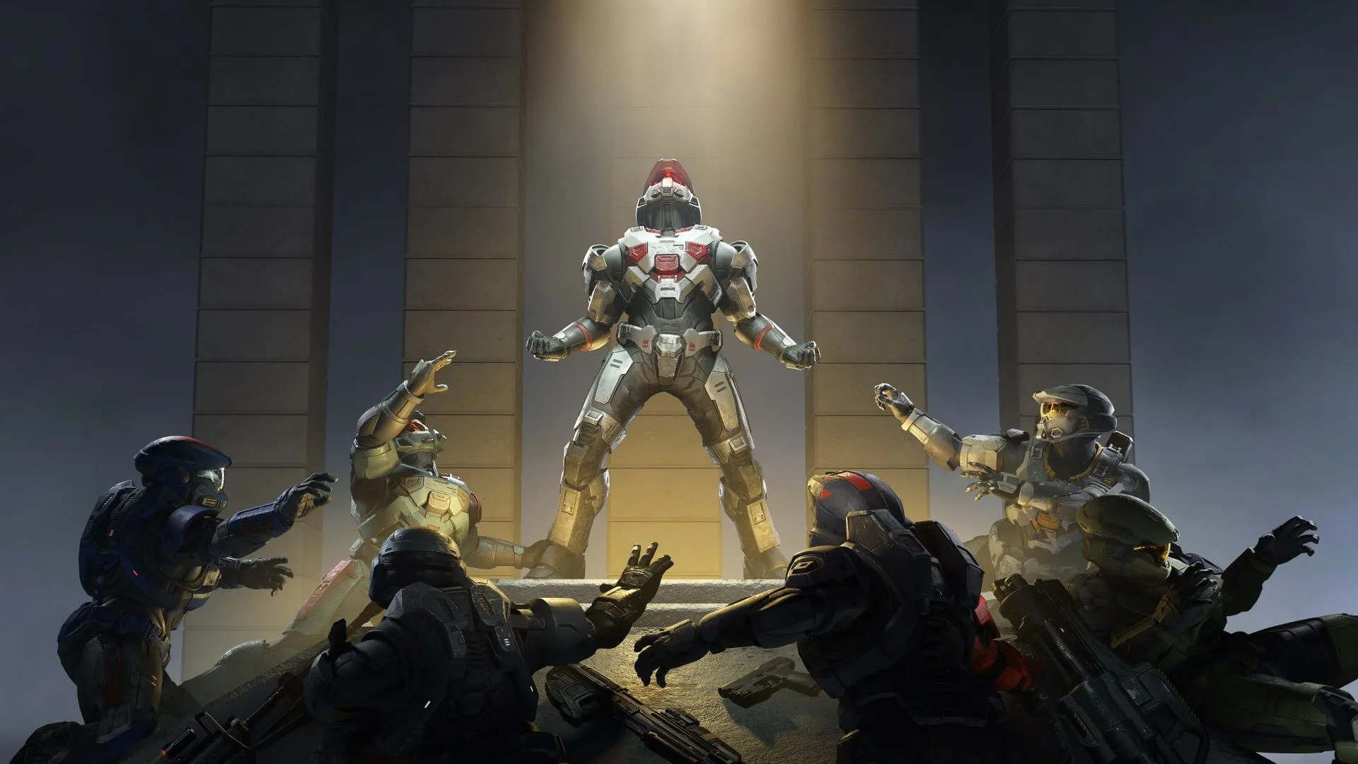 Arte promocional de Halo Infinite mostrando a un Spartan central rodeado por otros soldados en una pose dramática.