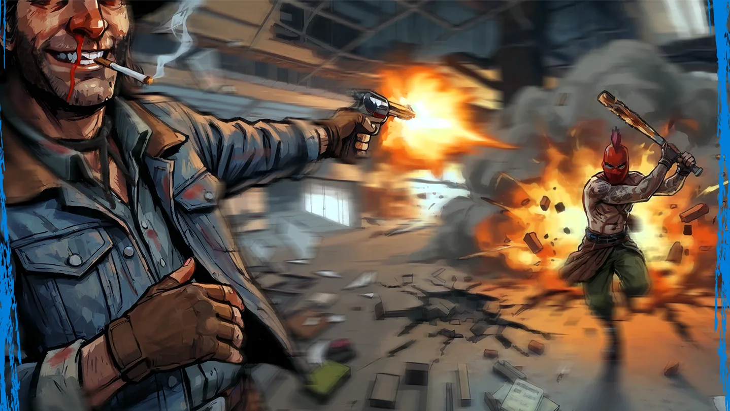 Arte promocional de Headcutter mostrando a un pistolero disparando a un enemigo con bate en medio de una explosión.