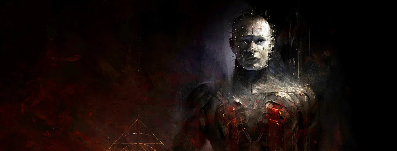 Arte promocional de Pinhead, el icónico antagonista de la saga Hellraiser, con su característico rostro con clavos.